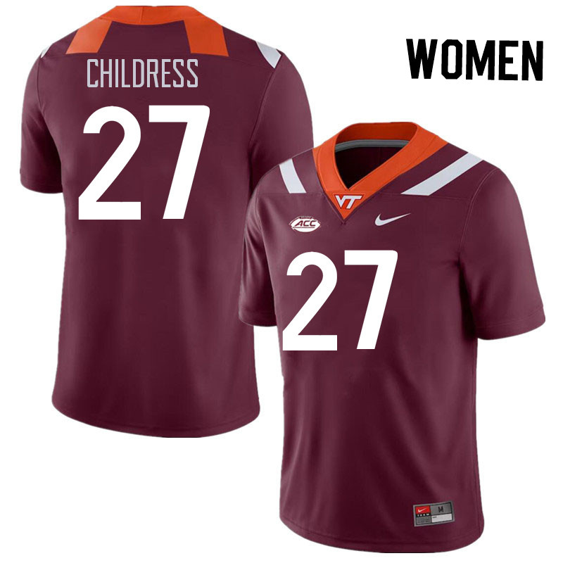 Women #27 Tyler Childress Virginia Tech Hokies College Football Jerseys Stitched Sale-Maroon